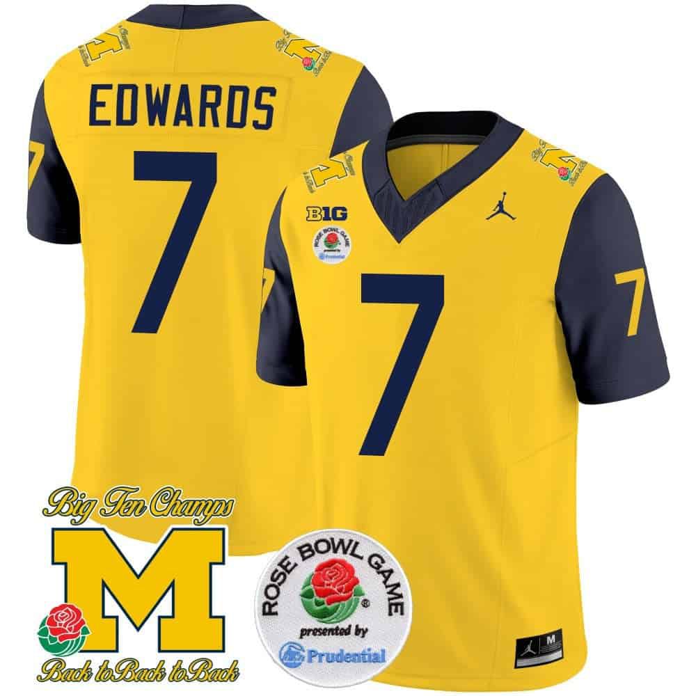 Men Michigan Wolverines #7 Edwards Yellow 2024 Rose Bowl Patch Vapor Limited NCAA Jersey style 1